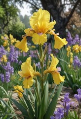 Obraz premium Colorful Lilac Yellow Iris Germanica in a Spring Garden, irises, vibrant, floral