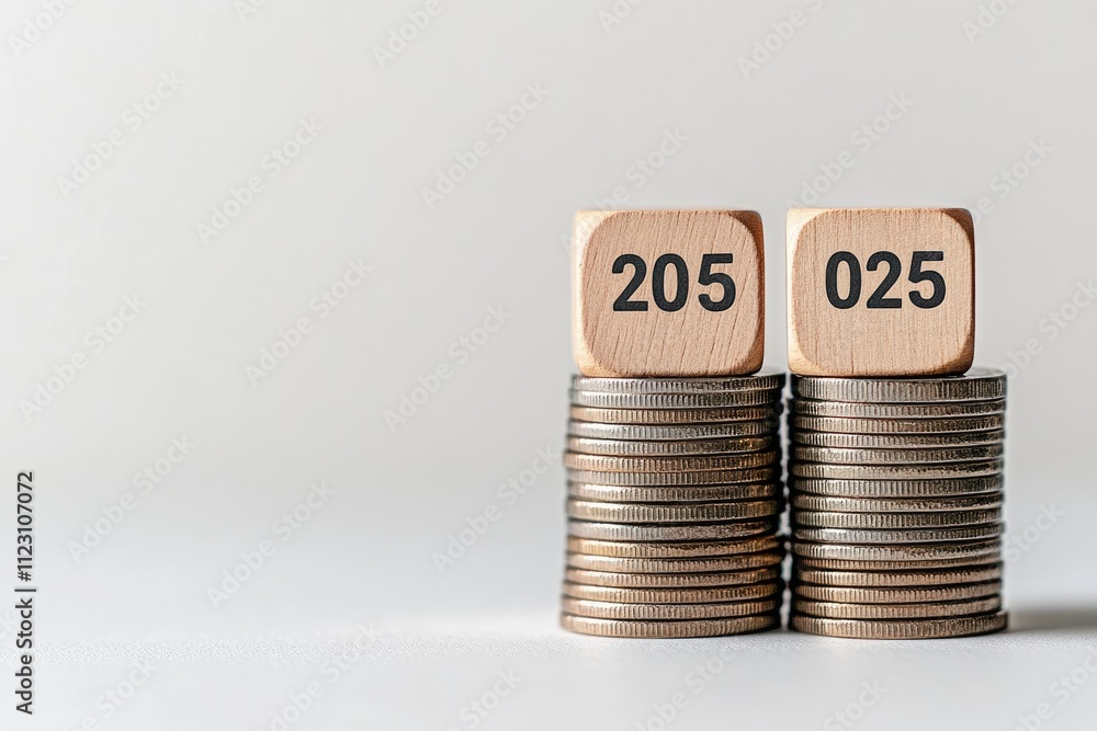 Poster stacked coins with wooden blocks displaying numbers, symbolizing financial concepts.