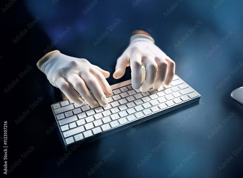 Poster Gloved hands swiftly type on a keyboard in dim light, suggesting a clandestine digital operation.  A mouse is partially visible.