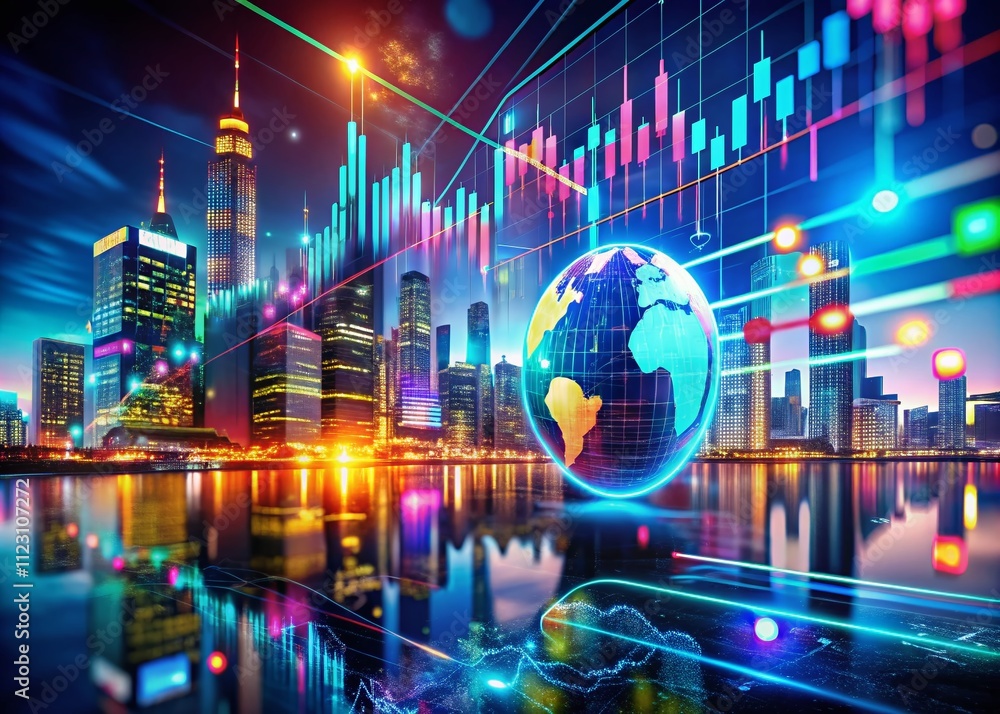 Poster surreal stock market business data visualization with 3d elements representing successful trading co