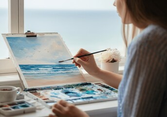 Young caucasian female artist painting serene seascape by the window