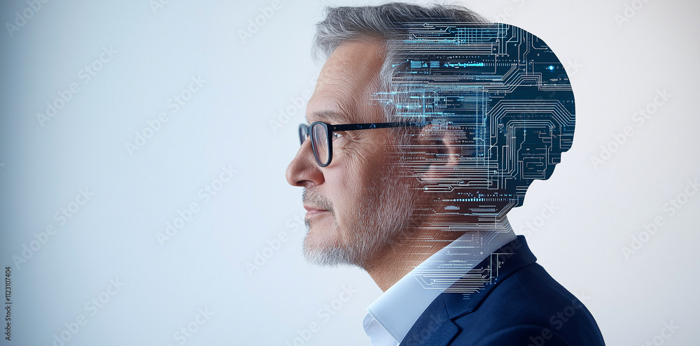 Poster businessman with digital head design, symbolizing ai integration and technology. image reflects inno