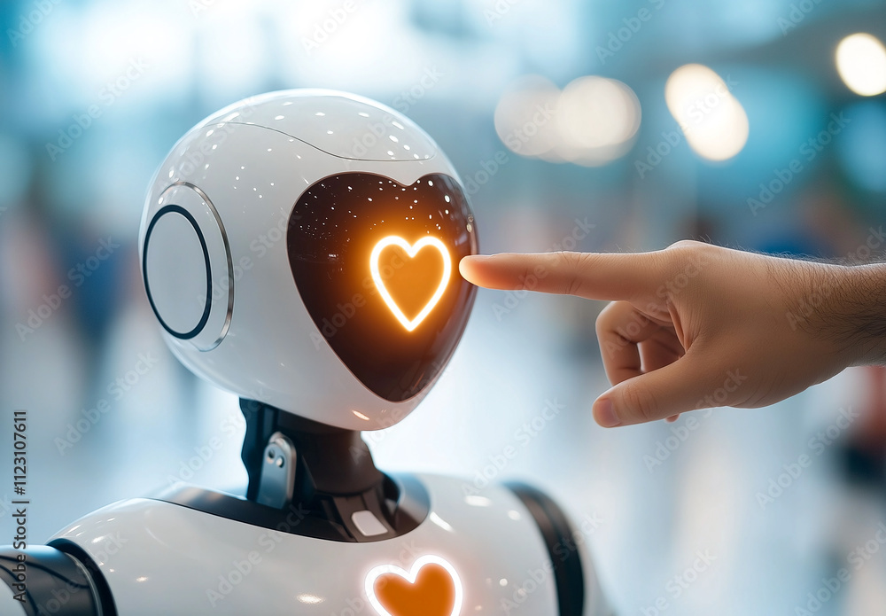 Poster human hand gently touches robot glowing heart, symbolizing connection and technology. scene captures
