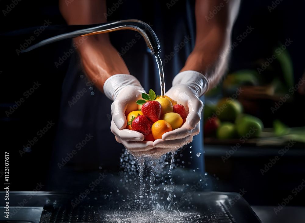 Poster close-up of hands in white gloves gently washing a mix of vibrant red strawberries and yellow aprico