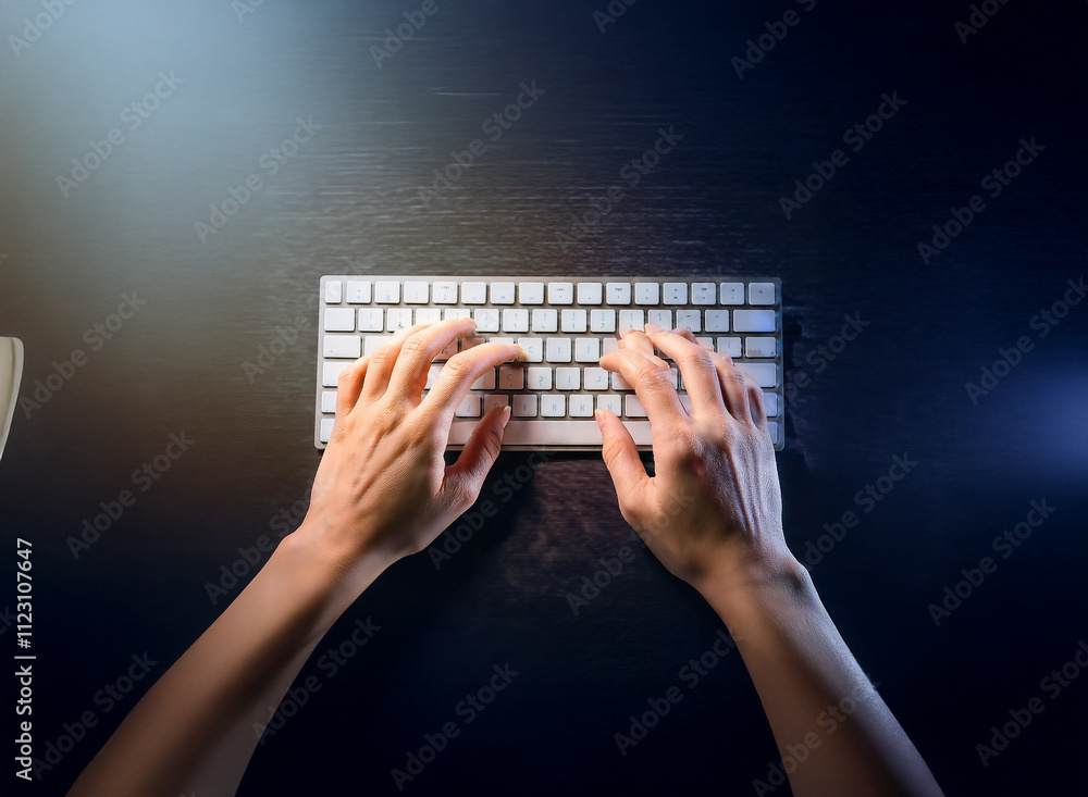 Leinwandbilder overhead view of hands typing on a wireless keyboard at night, illuminated by soft light. a mouse is