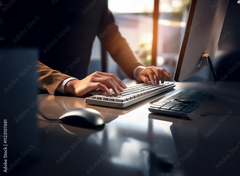 Poster close-up of hands typing on a keyboard at a desk in a sunlit office. the scene suggests productivity