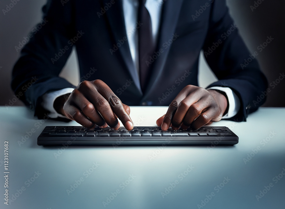 Poster Close-up of a person in a business suit, hands actively typing on a keyboard.  The scene is dimly lit, emphasizing the focused concentration on the task at hand.