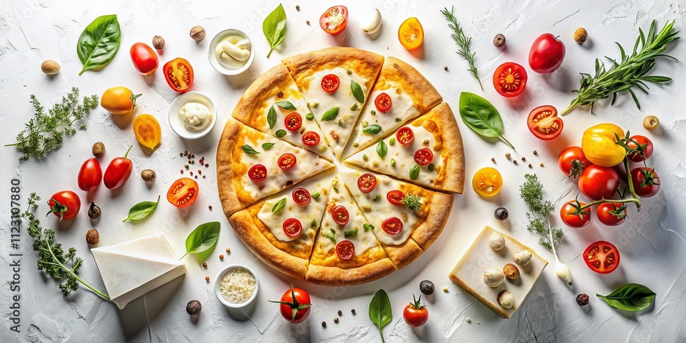 Poster surreal top view of a cheese pizza on a white background with whimsical elements and colorful accent