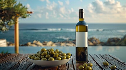 A bottle of olive oil with a mock-up label and green olives served on an outdoor table