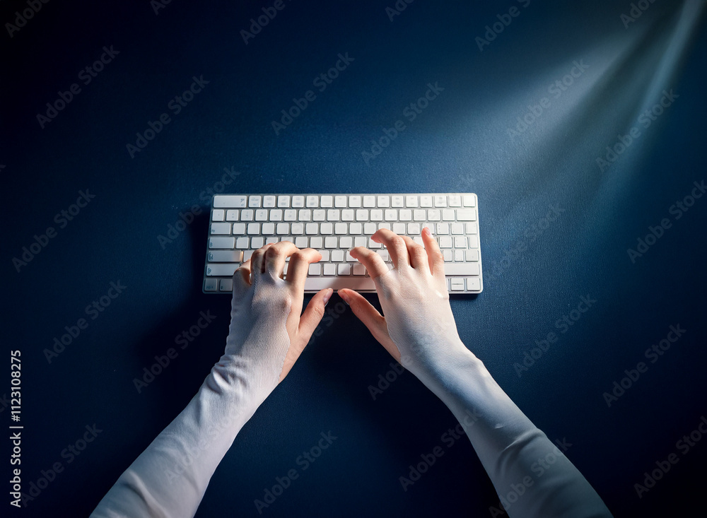 Poster A pair of hands in long white gloves types on a white keyboard illuminated by a single light source against a dark blue background.  The scene evokes a sense of mystery and digital work.