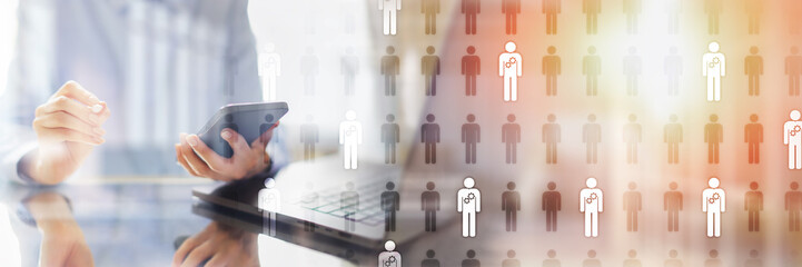 Human Resources, HR Recruitment, and Employee Management with Digital Tools on a Wide Banner,...