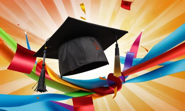 A graduation cap and diploma are displayed on a colorful background