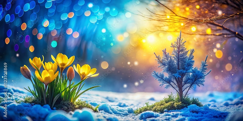 Poster surreal winter to spring transition with colorful blue and yellow gradient bokeh background, emphasi
