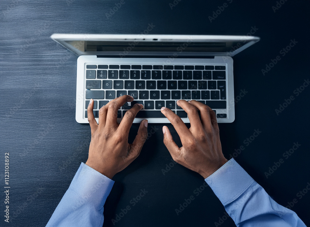 Poster overhead view of hands typing on a laptop keyboard. the dark desk provides a stark contrast to the s