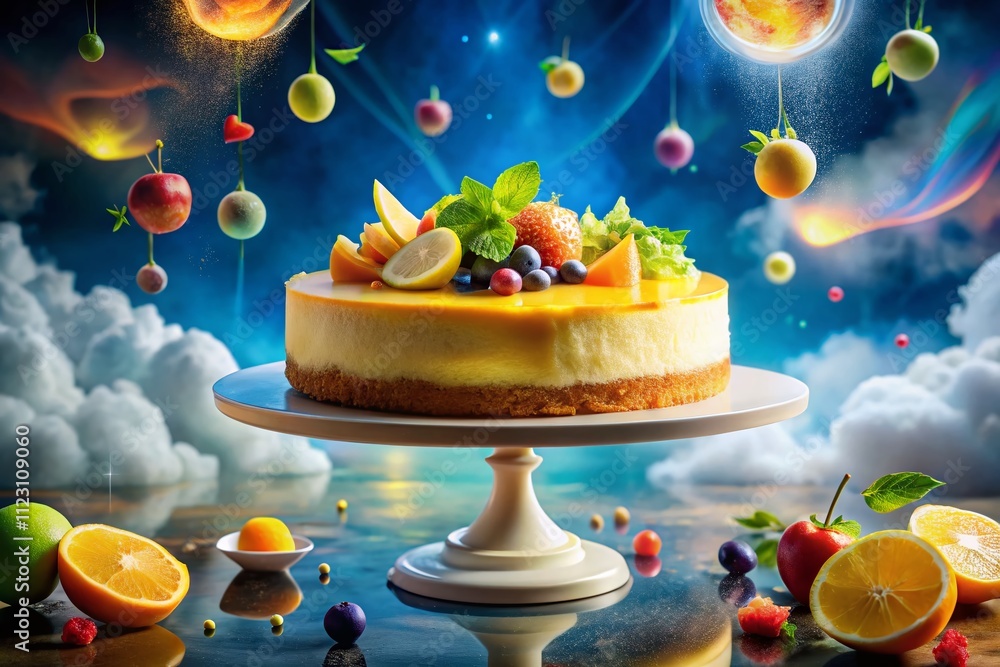 Poster surreal yuzu-infused cheesecake on a floating dessert table with whimsical elements, buttery crust a