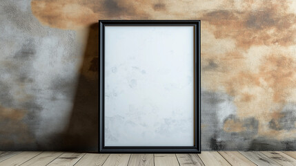 Black Framed Blank DIN A2 Poster Mockup on Wooden Floor in Minimal Style