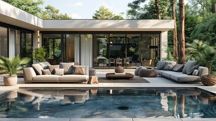 Outdoor pool area with modern furniture, surrounded by garden with plants