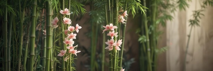 Obraz premium delicate flower blooms amidst a tapestry of soft, feathery bamboo, gentle, natural beauty