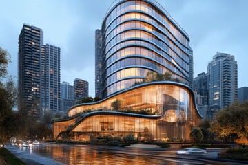 Obraz premium Modern architectural building with curved glass design amidst urban landscape at dusk.