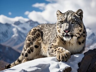 Fototapeta premium Snow leopard resting on snowy rock with mountains in background during clear daylight