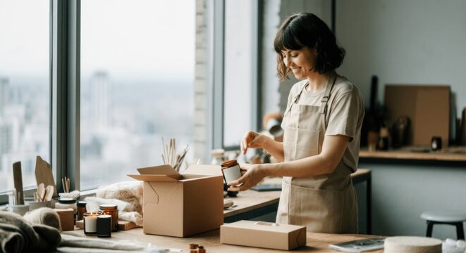 Female caucasian young adult crafting candles in urban workshop with natural light