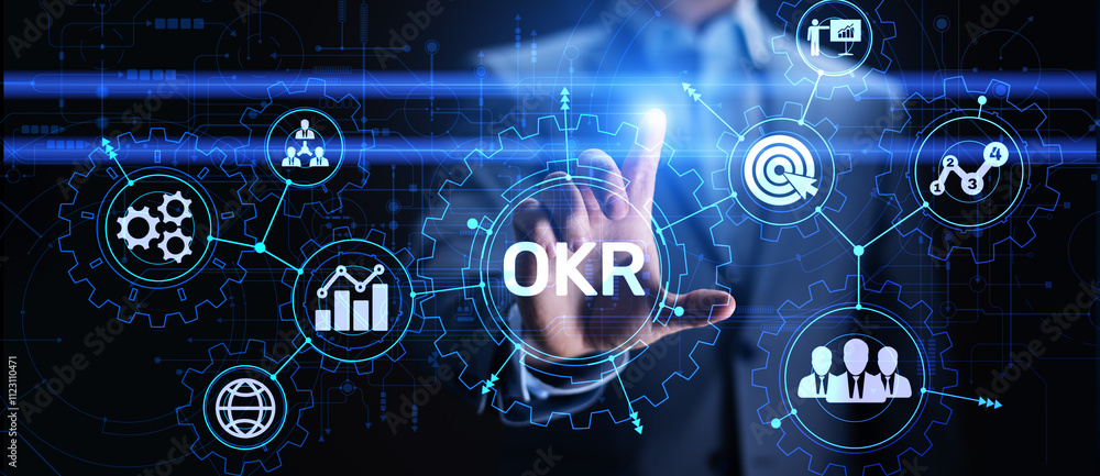 Poster objective key results business technology process improvement concept on virtual screen.