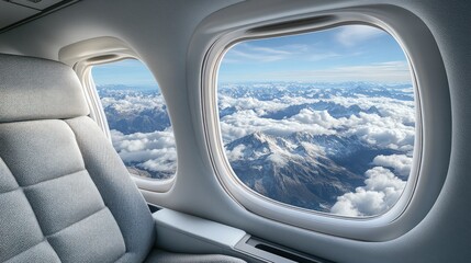 Airplane window seat view of mountain peaks and clouds.