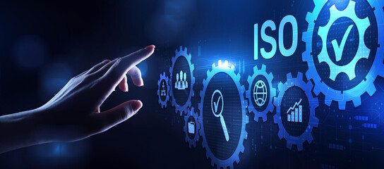 ISO Standard certification standardisation quality control concept on screen.