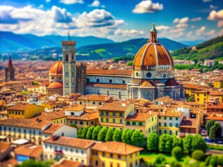 Obraz premium Tilt-Shift View from Santa Maria del Fiore Cathedral in Florence, Tuscany, Showcasing the Iconic Skyline and Historic Architecture of the City in a Miniature Effect