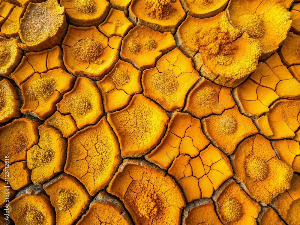Poster top view of abstract dried soil textured background with vibrant yellow and orange stains creating c