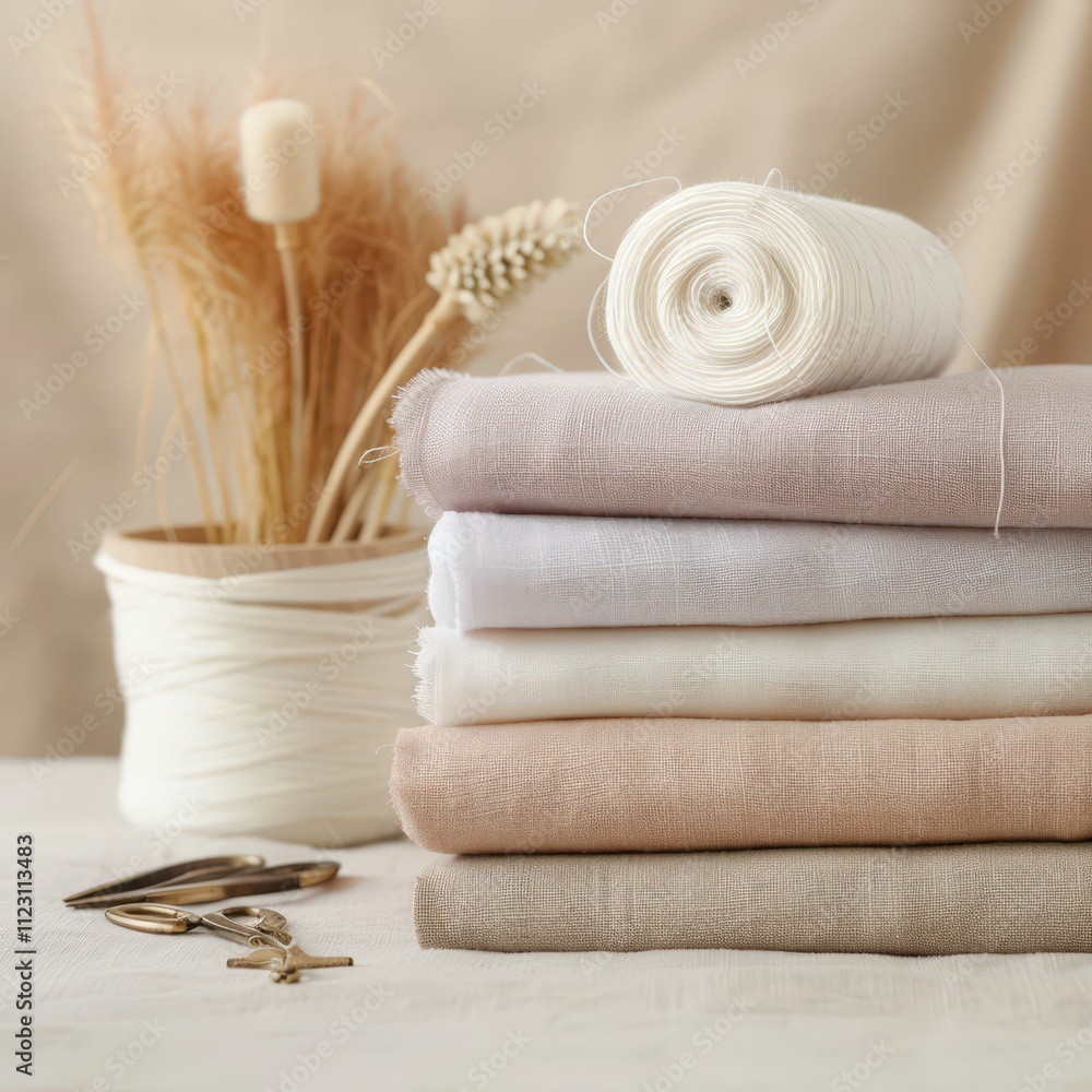 Poster a serene display of neatly stacked fabrics in soft colors, accompanied by decorative elements like d