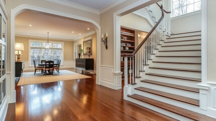 A contemporary suburban foyer with polished floors, floating stairs, and seamless flow to a dining area and built-in shelving in the living room