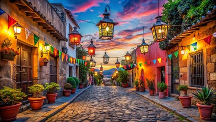 Fototapeta premium Traditional Mexican Lanterns Illuminate a Charming Cobblestone Street During a Vibrant Festive Celebration, Creating a Magical Atmosphere Full of Color and Joy
