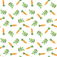 Spring illustration, seamless pattern with bright carrots on a white background in cartoon style, for your greetings, cards and backgrounds.