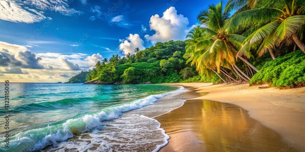 Poster tranquil close-up of an empty tropical beach with soft waves, perfect for relaxation and escape, ide