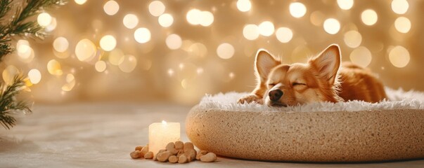 A cozy corgi sleeps peacefully on a soft bed, surrounded by warm, glowing lights and a festive atmosphere.