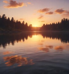 Softly glowing sunset over a serene lake with gentle ripples on the water surface, serene reflection, soothing colors, gentle hues