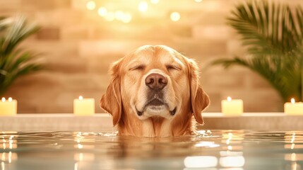 A serene golden retriever relaxes in a tranquil bath surrounded by candles and soft lighting.