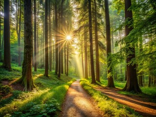 Fototapeta premium Tranquil Path Through a Lush Green Forest Surrounded by Towering Trees, Inviting Exploration and Serenity in Nature's Embrace