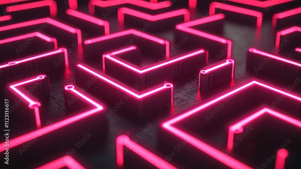 Poster a vibrant neon maze with intricate patterns, showcasing a modern design that emits a futuristic atmo