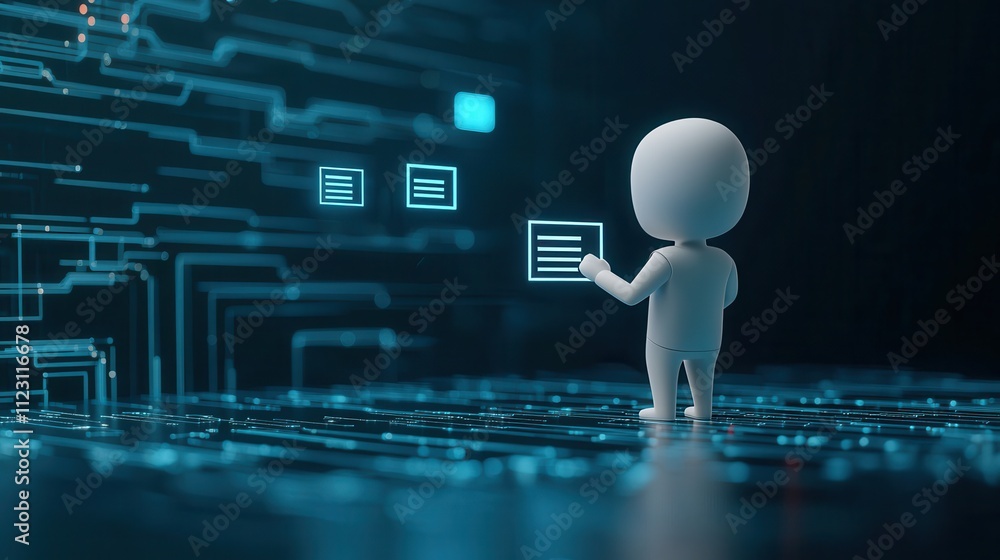 Aufkleber a stylized figure interacts with glowing digital data on a futuristic interface, symbolizing technol