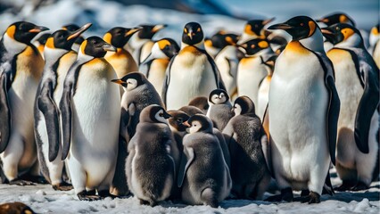 Obraz premium A Group of Emperor Penguins Huddling Together to Protect Themselves in Harsh Antarctic Conditions, Displaying Survival Instincts, Social Behavior, and Wildlife in Extreme Cold Environments