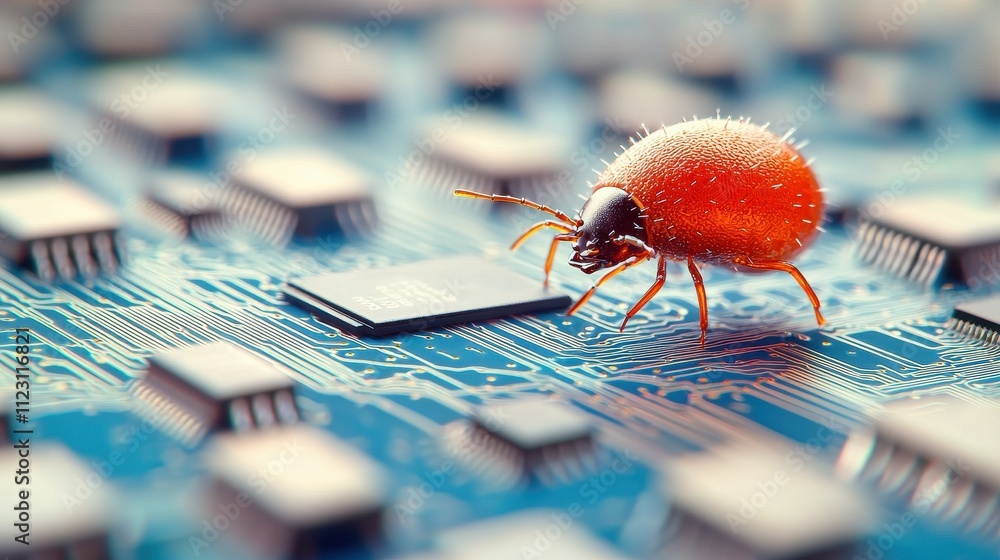 Poster a close-up of a colorful bug on a computer circuit board, showcasing an interesting juxtaposition of