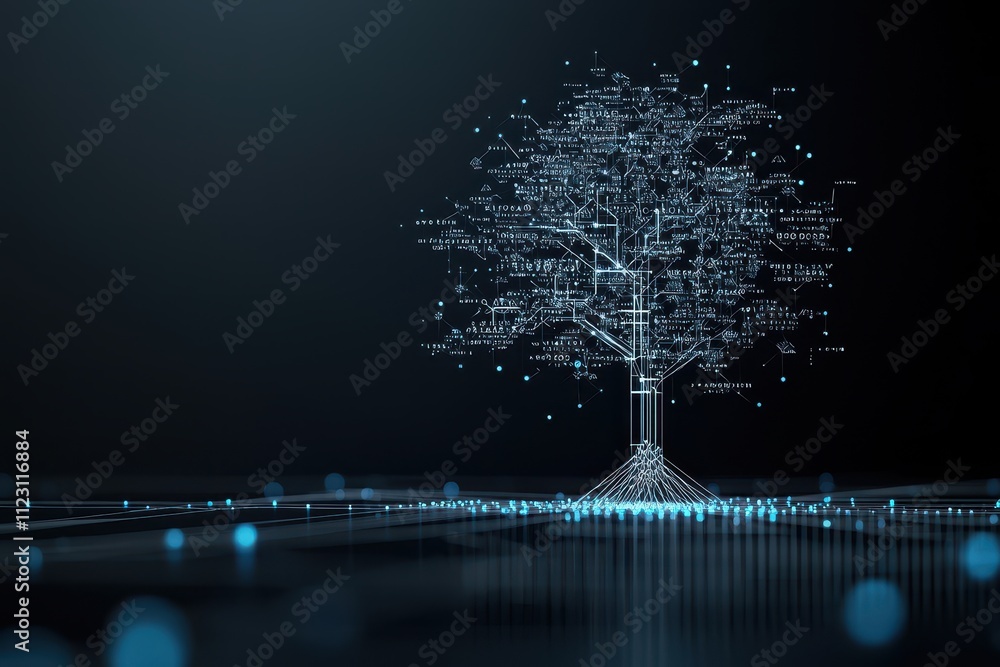 Aufkleber a digital tree made of glowing data points against a dark background, symbolizing the connection bet