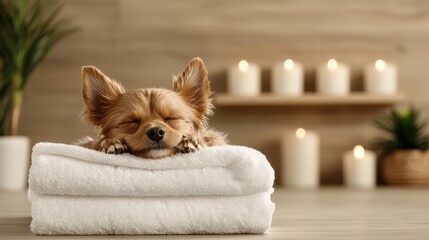A cozy dog relaxes on folded towels in a serene setting with candles, creating a tranquil atmosphere for pet lovers.