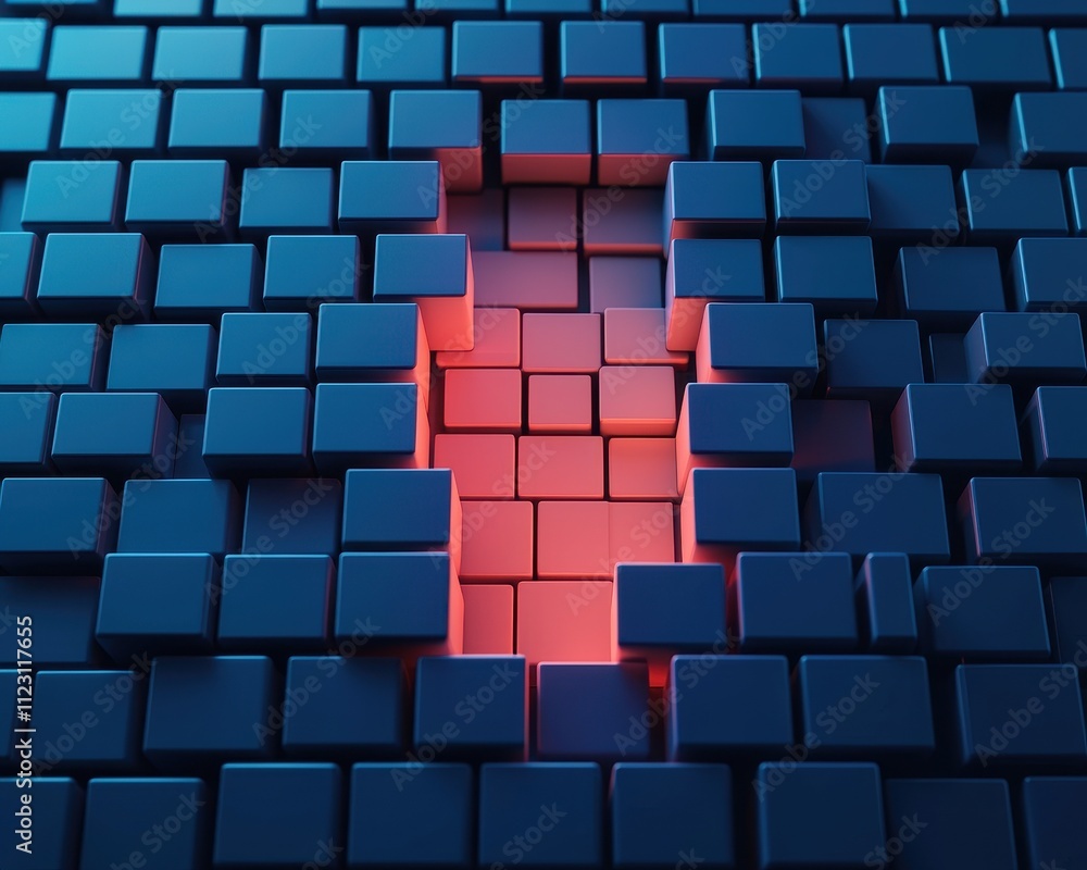Poster a vivid 3d design featuring interlocking blue cubes with a glowing red gap, creating a striking visu