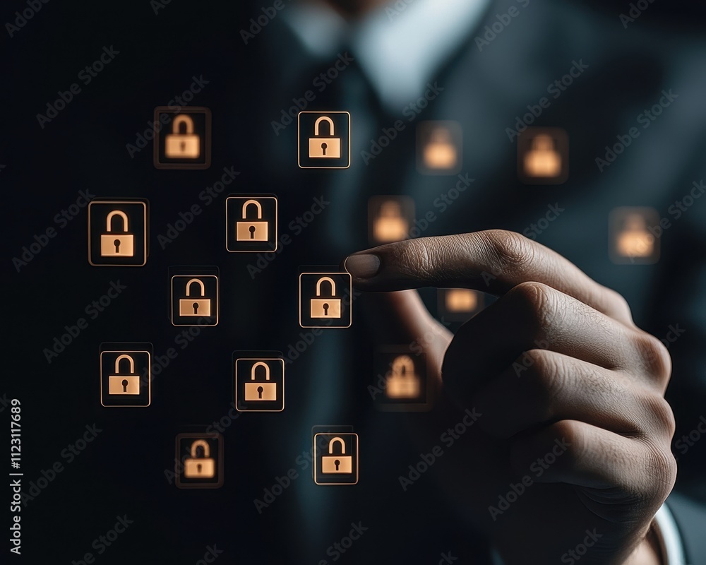 Poster a businessman interacts with digital lock icons, symbolizing cybersecurity and data protection in a 