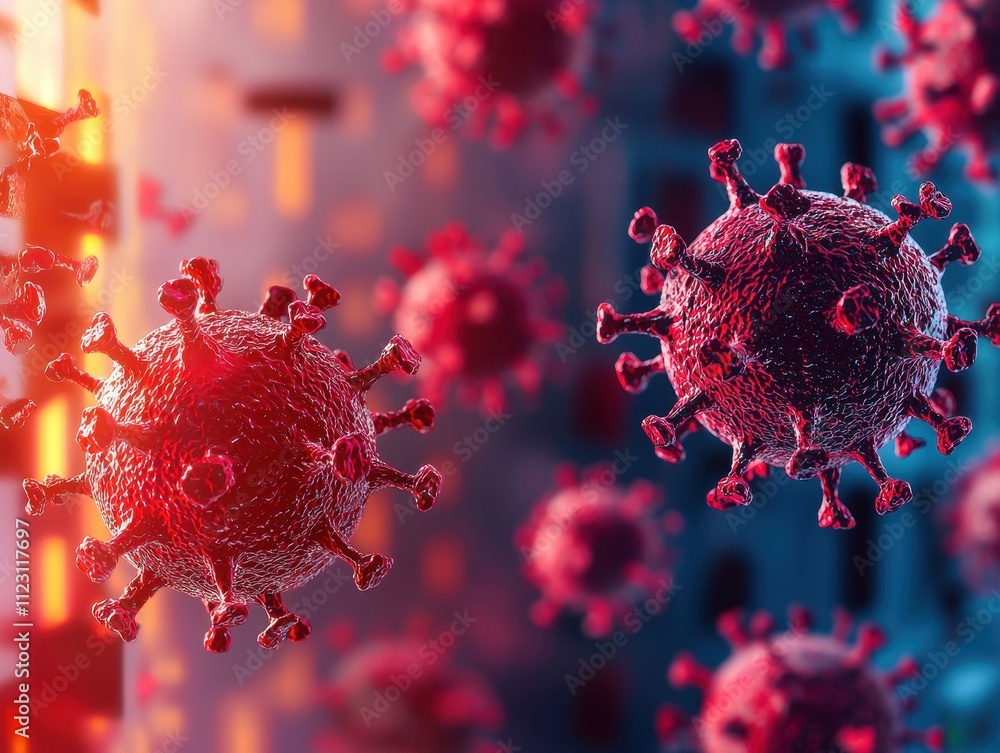 Poster a close-up view of virus particles, showcasing their intricate structures with red and blue highligh