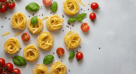 Fresh pasta nests with cherry tomatoes basil on kitchen countertop