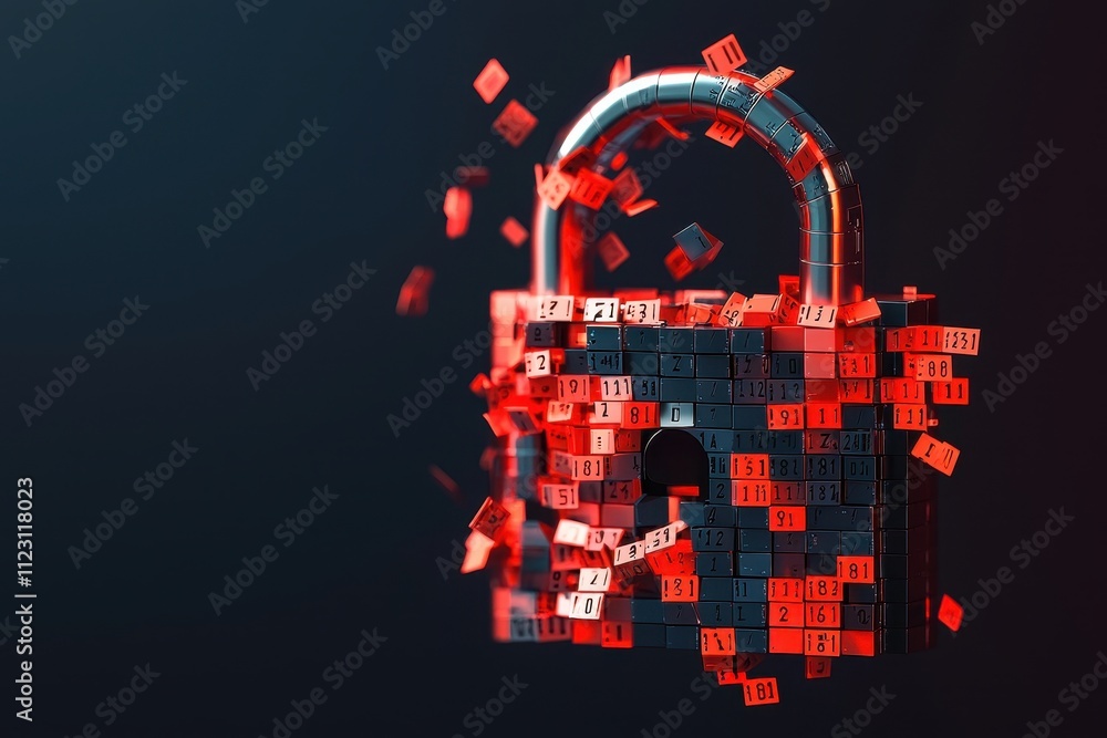 Poster a digital padlock breaks apart, symbolizing security breaches and data vulnerability in a visually s